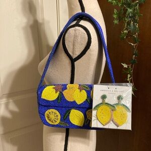 America & Beyond Express Lemon Beaded Blue Shoulder Bag with matching earrings